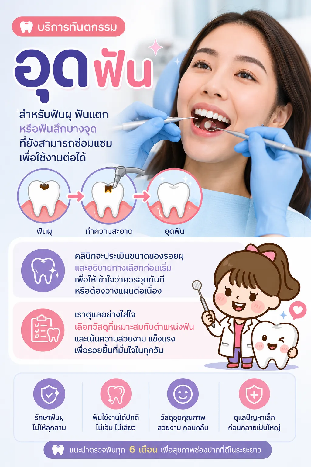 บริการอุดฟัน คลินิกทันตกรรมบ้านหมอหญิง ควนเนียง — ซ่อมฟันผุหรือฟันแตกด้วยวัสดุสีใกล้เคียงฟัน ประเมินและแจ้งแนวทางก่อนเริ่ม